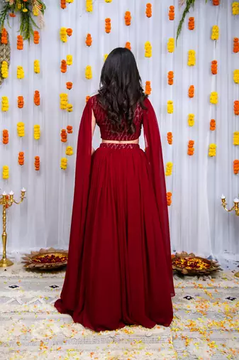 Maroon Cape Sleeves Lehenga Set