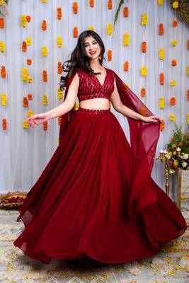 Maroon Cape Sleeves Lehenga Set 4