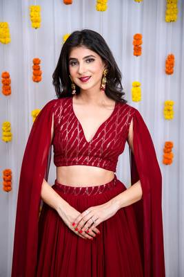 Maroon Cape Sleeves Lehenga Set 5