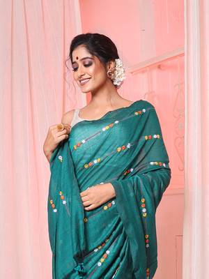 Teal cotton handloom saree with embroidery work 1