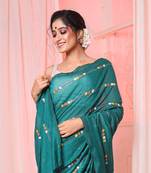 Teal cotton handloom saree with embroidery work