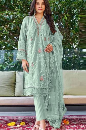 Light green embroidered organza semi stitched salwar suit