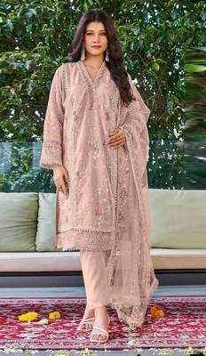 Peach embroidered organza semi stitched salwar suit 1