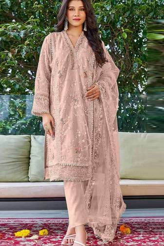 Peach embroidered organza semi stitched salwar suit