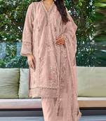Peach embroidered organza semi stitched salwar suit