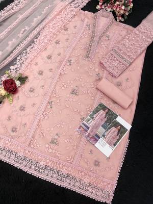 Peach embroidered organza semi stitched salwar suit 2