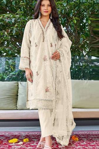Off white embroidered organza semi stitched salwar suit