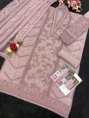 Purple embroidered organza semi stitched salwar suit 2