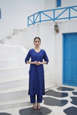 Stitched suit cotton silk kurta & bottom royal blue ( 2 piece set ) 1