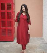 Red cotton solid kurta wih pant & duppata