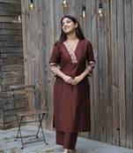 Brown cotton solid kurta wih pant & duppata