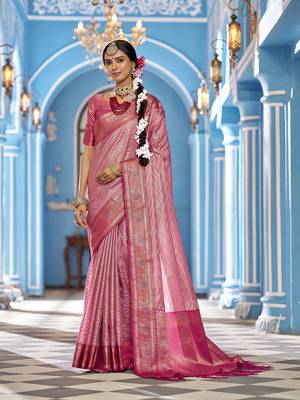 Pink Munga zari  Kanjivaram Silk Blend with zig zag pattern saree 1