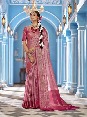 Pink Munga zari  Kanjivaram Silk Blend with zig zag pattern saree 3