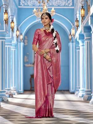 Pink Munga zari  Kanjivaram Silk Blend with zig zag pattern saree 5