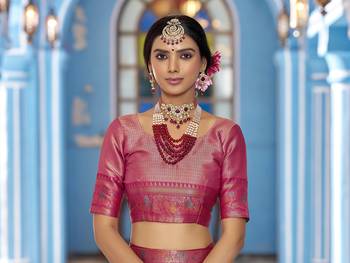 Pink Munga zari  Kanjivaram Silk Blend with zig zag pattern saree 6