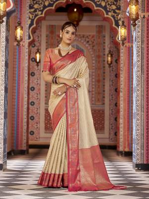 Cream  Munga zari Kanjivaram Silk Blend With Zig Zag Pattern Saree  1