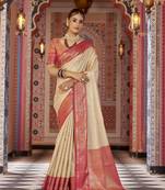 Cream  Munga zari Kanjivaram Silk Blend With Zig Zag Pattern Saree 