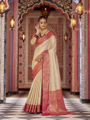 Cream  Munga zari Kanjivaram Silk Blend With Zig Zag Pattern Saree  3