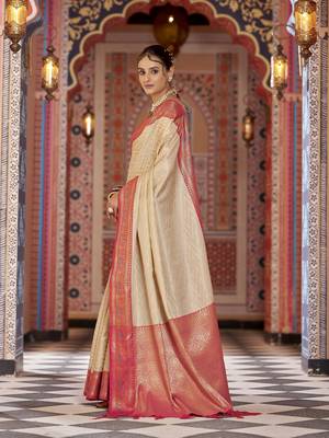 Cream  Munga zari Kanjivaram Silk Blend With Zig Zag Pattern Saree  4
