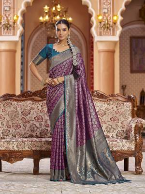 purple woven banarasi silk belnd  zari jacquard work designer saree  3