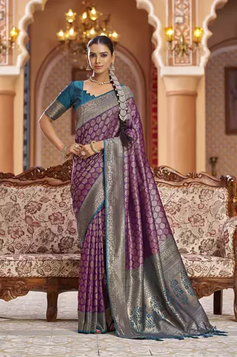 purple woven banarasi silk belnd  zari jacquard work designer saree 