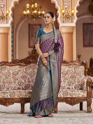 purple woven banarasi silk belnd  zari jacquard work designer saree  4