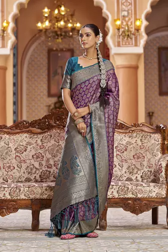 purple woven banarasi silk belnd  zari jacquard work designer saree 