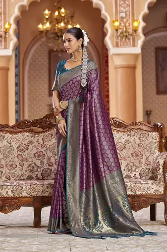 purple woven banarasi silk belnd  zari jacquard work designer saree 