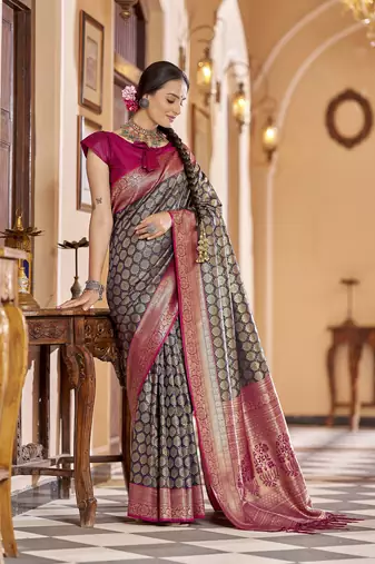 navy blue woven banarasi silk blend  zari jacquard work designer saree