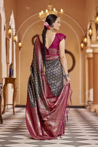 navy blue woven banarasi silk blend  zari jacquard work designer saree