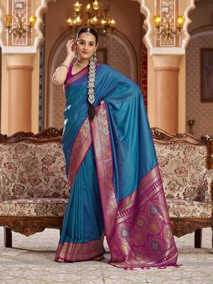 blue solid banarasi silk blend  zari jacquard work designer saree 1