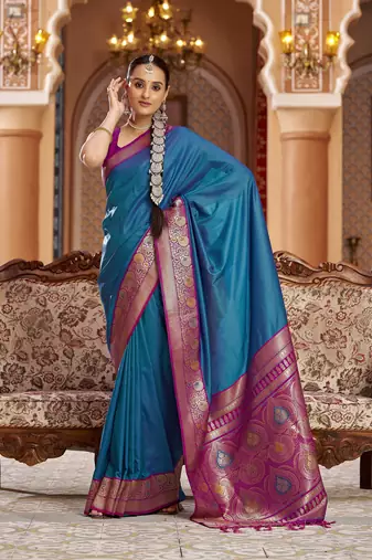 blue solid banarasi silk blend  zari jacquard work designer saree