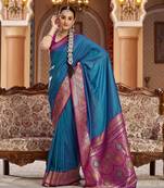 blue solid banarasi silk blend  zari jacquard work designer saree