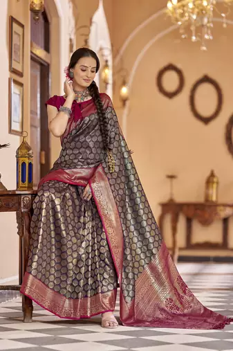 navy blue woven banarasi silk blend  zari jacquard work designer saree