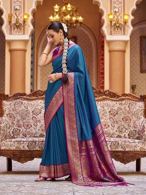 blue solid banarasi silk blend  zari jacquard work designer saree 3