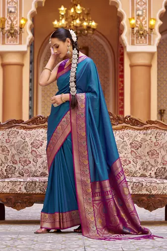 blue solid banarasi silk blend  zari jacquard work designer saree