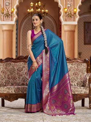 blue solid banarasi silk blend  zari jacquard work designer saree 4