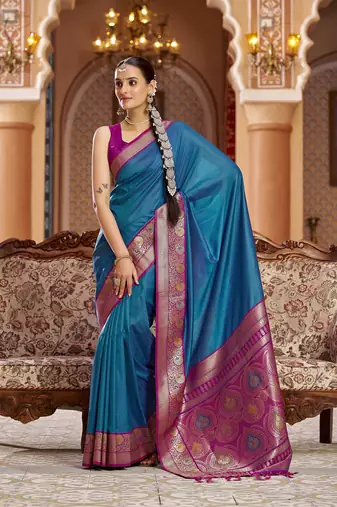 blue solid banarasi silk blend  zari jacquard work designer saree