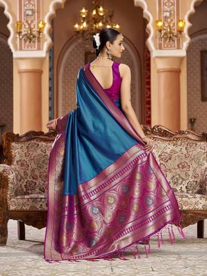 blue solid banarasi silk blend  zari jacquard work designer saree 5