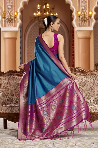 blue solid banarasi silk blend  zari jacquard work designer saree