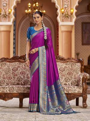 pink solid banarasi silk blend zari jacquard work designer saree  1