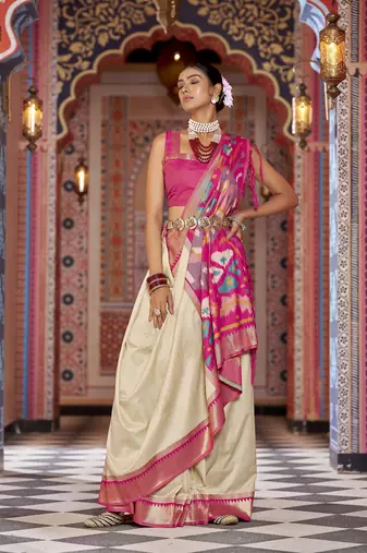 cream ikat pattern banarasi silk blend jacquard work saree