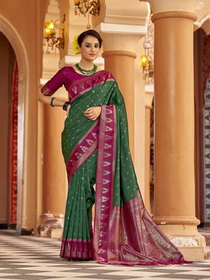 Green  geomatrical butti banarasi silk blend zari jacquard work designer saree  1