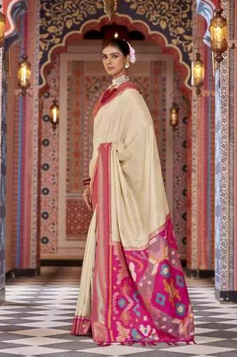 cream ikat pattern banarasi silk blend jacquard work saree