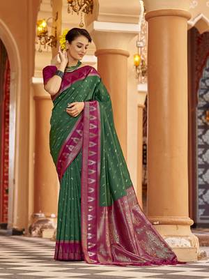 Green  geomatrical butti banarasi silk blend zari jacquard work designer saree  3