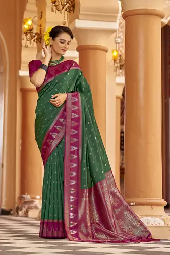 Green  geomatrical butti banarasi silk blend zari jacquard work designer saree 