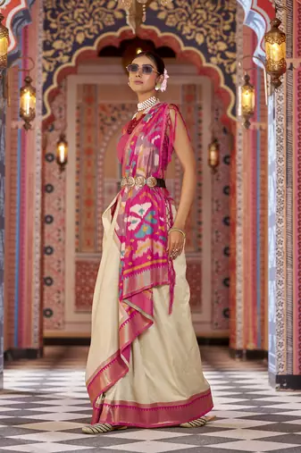 cream ikat pattern banarasi silk blend jacquard work saree