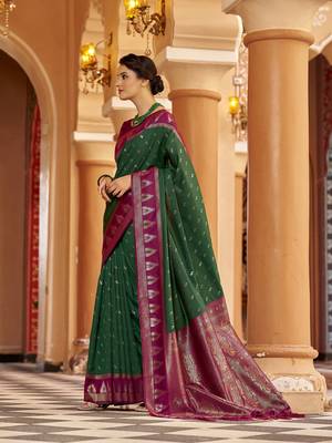 Green  geomatrical butti banarasi silk blend zari jacquard work designer saree  4