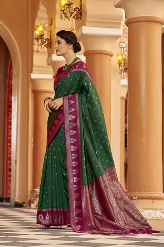 Green  geomatrical butti banarasi silk blend zari jacquard work designer saree 