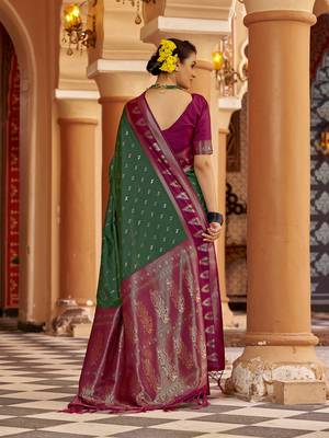 Green  geomatrical butti banarasi silk blend zari jacquard work designer saree  5